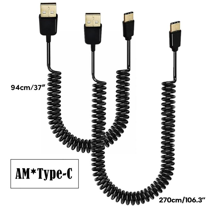 USB Type C Cable Coiled Spring Spirals Type-C Male to USB 2.0 Male Extension Cord Data Sync Charger Cable for Phone