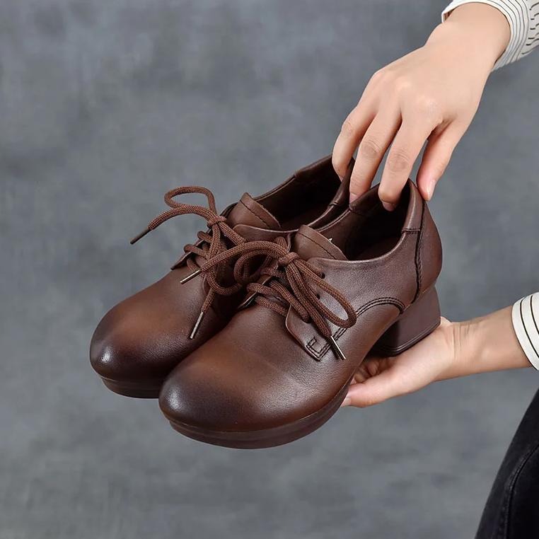 Johnature Pumps Genuine Leather Soft Soled Middle Heel Shoes Retro Versatile Lace Up Thick Heel Women's Shoes