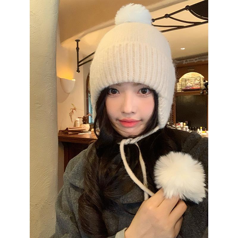 White Knitted Wool Hat, Children's Season Hairball, Warm Face, Small Ear Protectors, Headgear, Winter Big Head Circumference