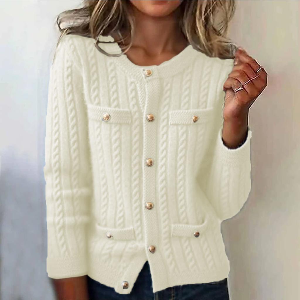 Women's Fashion Casual Single-Breasted Multi-Button Thickened Flower Loose Cardigan Round Neck Long Sleeve Knitted Cardigan Sweater Jacket