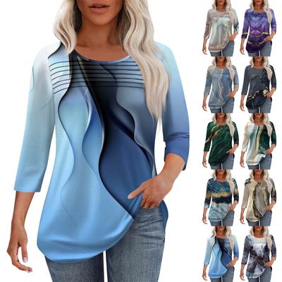 Haut Femme Mode Col Rond Plis sur le Devant Patte de Boutonnage Couleur Unie Manches 3/4