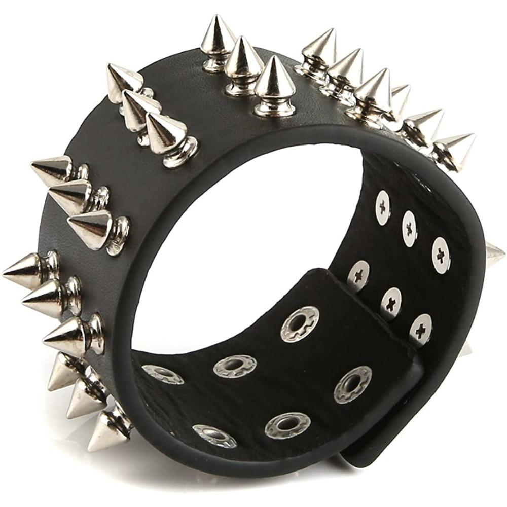 Punk Gothic Metal Cone Studs Rivet Leather Bracelet Wide Cuff Wristband for Men Fashion Jewelry Charm