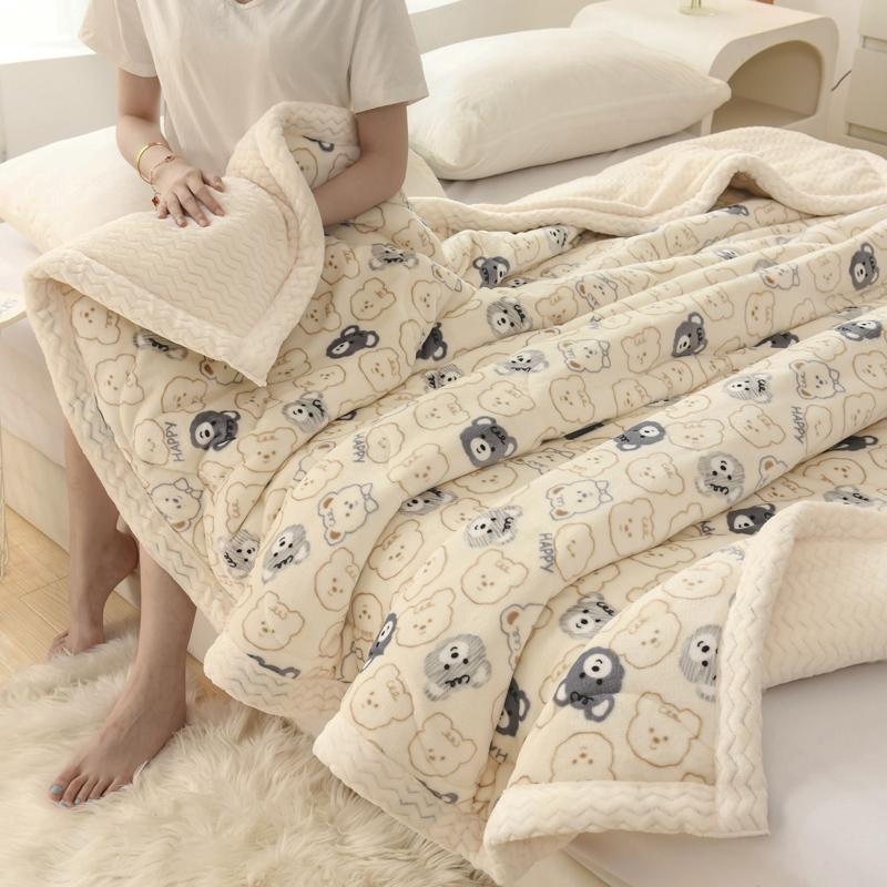 Thickened Warm Coral Fleece Winter Blanket for Bed Cartoon Bear Printed Double-layer Milk Velvet Blankets Double Plush Comforter