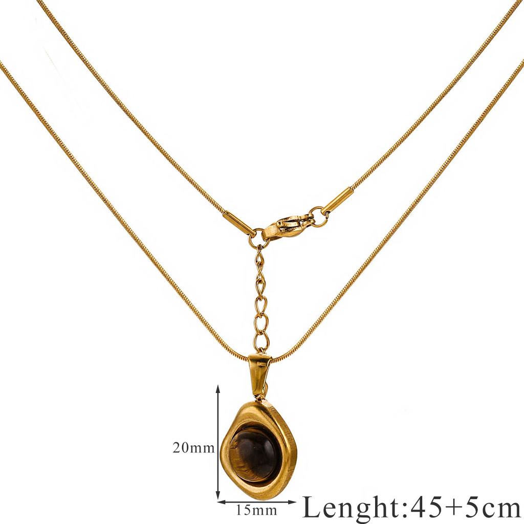 18K Stainless Steel Snake Bone Chain Maillard Tiger's Eye Square Necklace French Ins Style Retro Oval Gemstone Necklaces