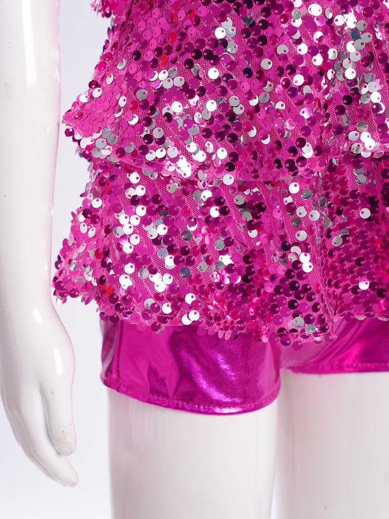 Lányok Jazz Tánc Jelmez Pántos Hátnélküli Kezeslábas Fényes Flitterek Volános Kialakítás Magas Derék Harangszárú Nadrág