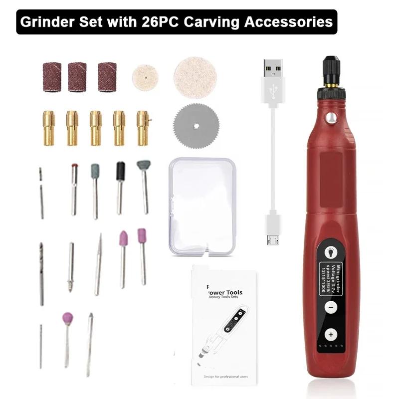 USB Rechargeable Electric Drill Mini Multifunction Electric Grinder 5 Gears with Light Polishing Machine Practical Abrasive Set