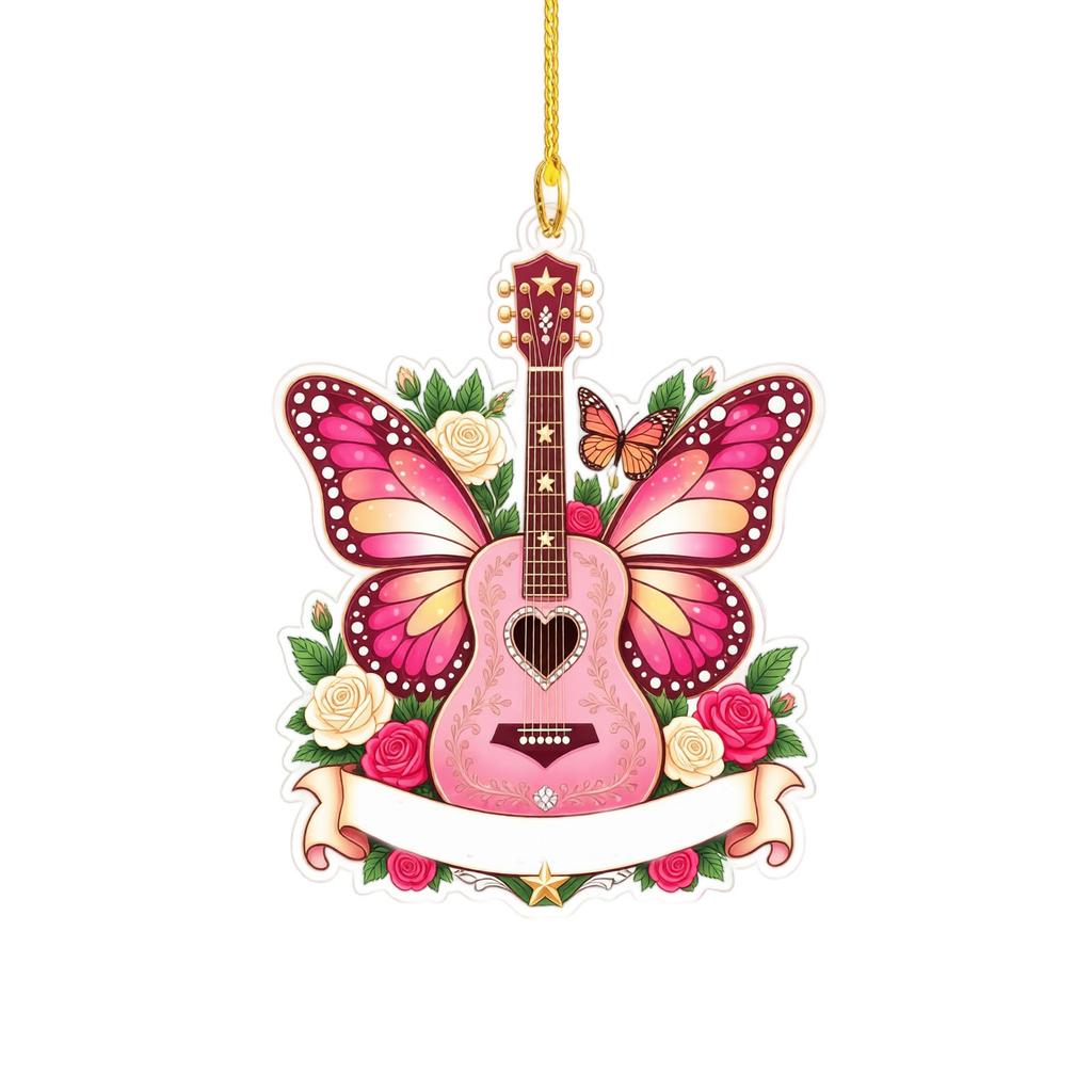 Music Themed Acrylic Guitar Butterfly Christmas Tree Ornament - Hanging Decoration for Holiday Celebrations