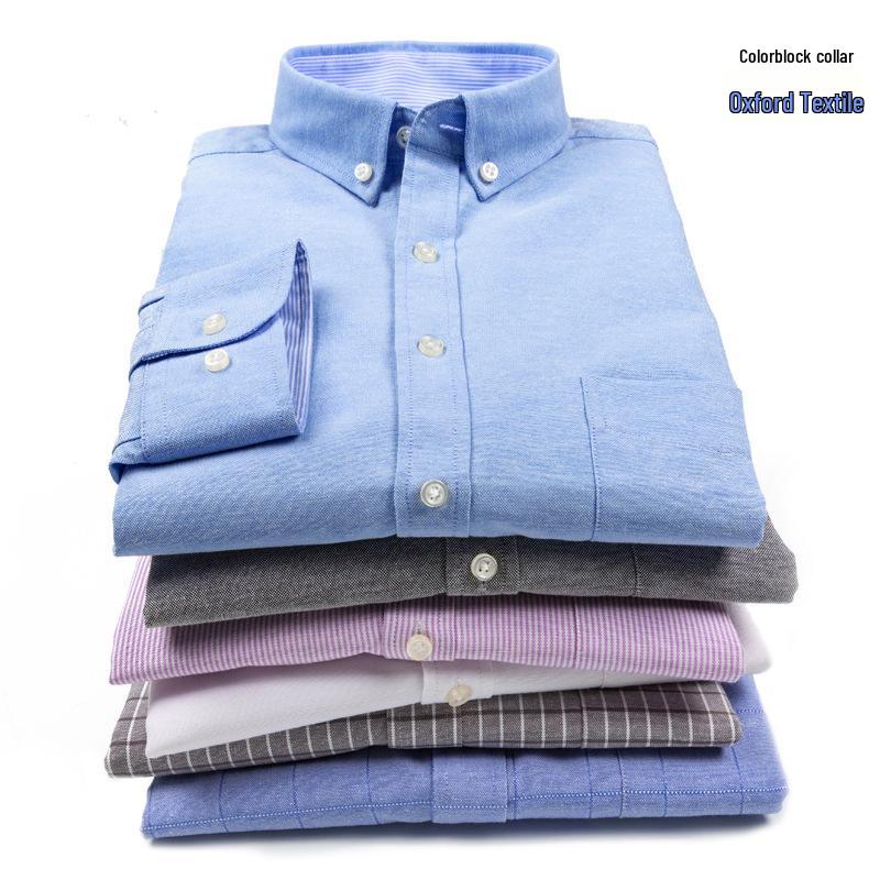 Men's Long Sleeve Washed Cotton Oxford Shirt - Slim Fit, Plaid, Iron-Free Stripes, Casual Style