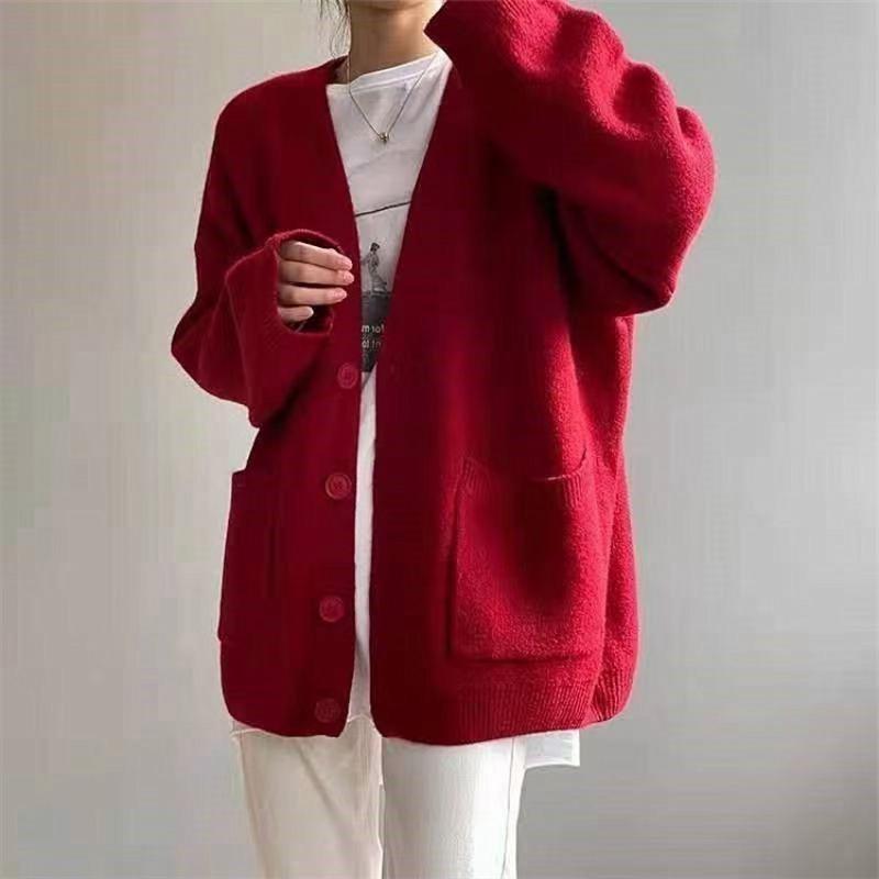 INDFS Women's Fashion Casual Fall Winter Solid Color Print Long Sleeve V-Neck Sweaters