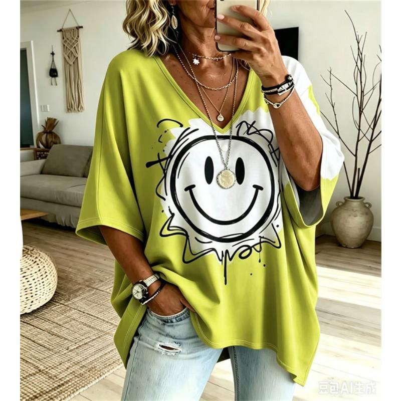 Camiseta de Manga Murciélago con Cuello en V para Mujer Tallas Grandes Estampado Étnico Bohemio Top Holgado Verano Cómodo Transpirable Uso Diario Casual Estilo Adelgazante