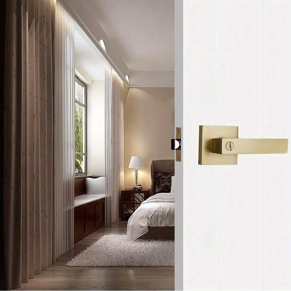 Golden Keyless Entry Door Knob - Heavy Duty, Reversible Square Privacy Lock for Bedroom & Bathroom