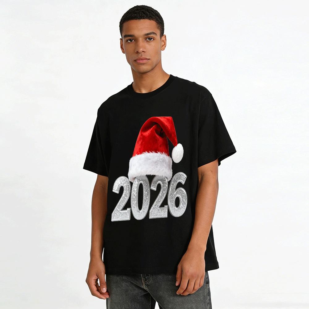 2026 Christmas New Year Glitter Number Print Holiday Casual Top Pure Cotton T-shirt