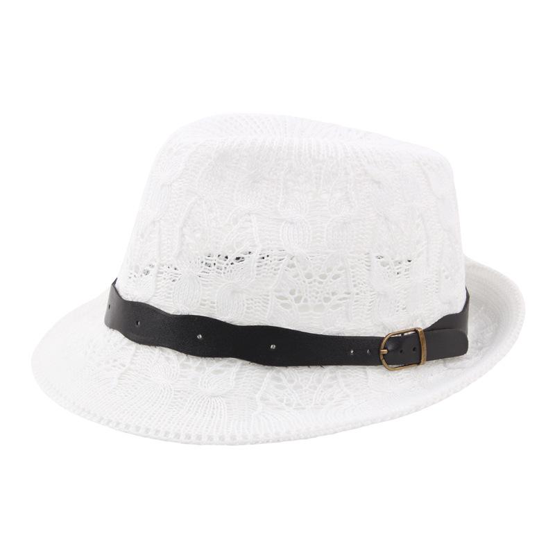 Summer Women's Knitted Mesh Breathable Curled Jazz Hat Leather Belt Panama Hat
