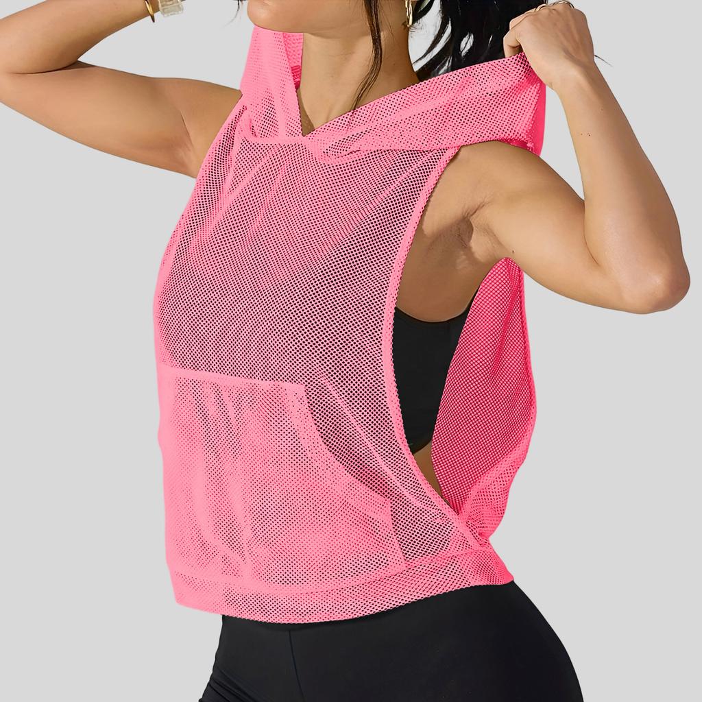 Women Loose Fit Pullover Mesh Hooded Tank Top Lightweight Breathable Fitness Vest Sleeveless Sport Shirt for Gym Yoga Running