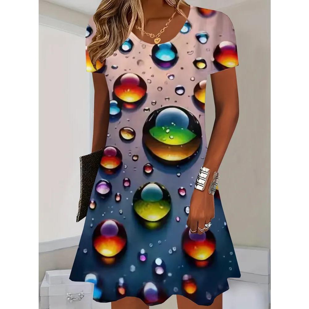 Summer Round Neck Short Sleeved Dress Colorful Heart-shaped Water Droplet Print Fashionable Comfortable Breathable Vacation Casual Women's Mini Dress