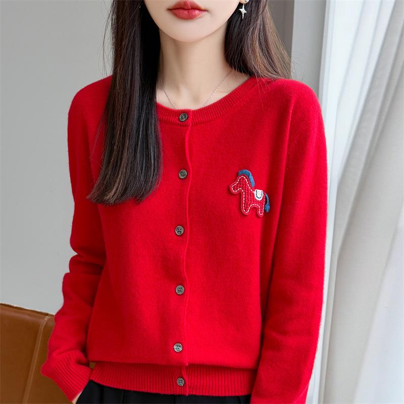 Andy's Women's Cartoon Pony Embroidered Knit Cardigan - Round Neck, Long-Sleeved, Autumn Winter Sweater