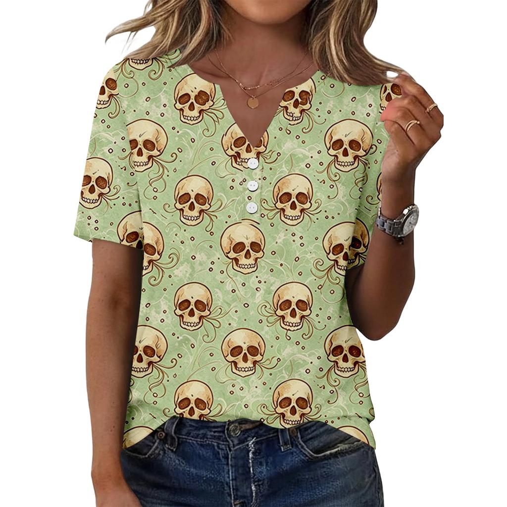 Womens Casual Halloween Print V Neck Short Sleeve Button Front T Shirt Top Lightweight Soft Fabric Comfortable Fit