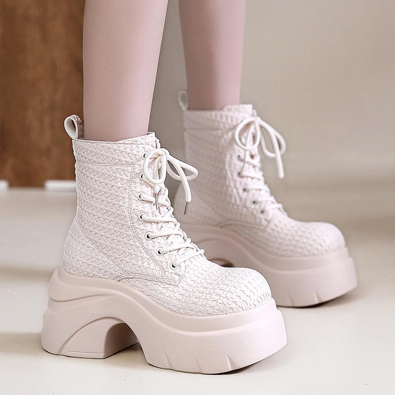 Fashion 9CM Women's Chunky Motorcycle Boots Autumn Hidden Heels Leather Sneakers Winter Heels Platform Boots Weave Mid-calf Boots Woman