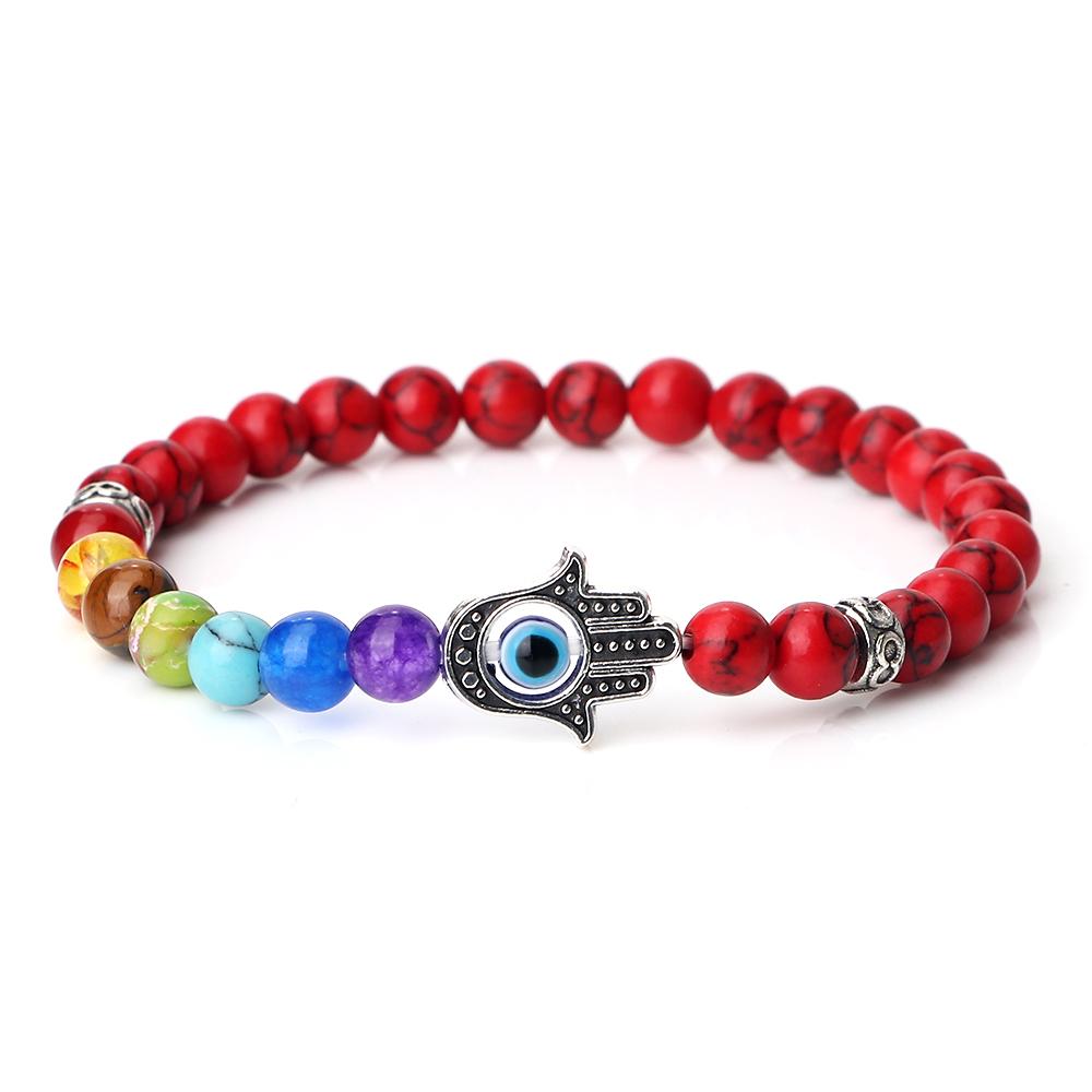 6mm 7 Chakra Beads Bracelets Lucky Evil Eye Hand Of Fatima Women Men Natural Lava Stone Agates Bracelet & Bangle Prayer Jewelry