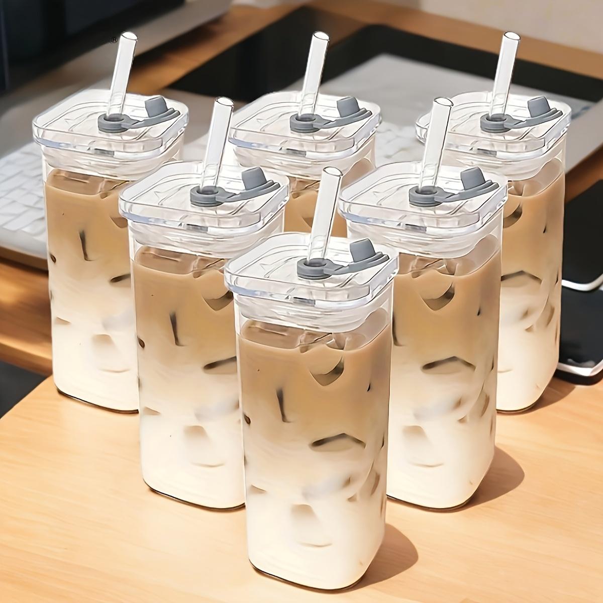 

Square Glass Cups Set with Leak-Proof Lids & Straws, Reusable Coffee Mugs, Heat Resistant for Home Use, Single Layer Juice Drinkware 2 Pieces