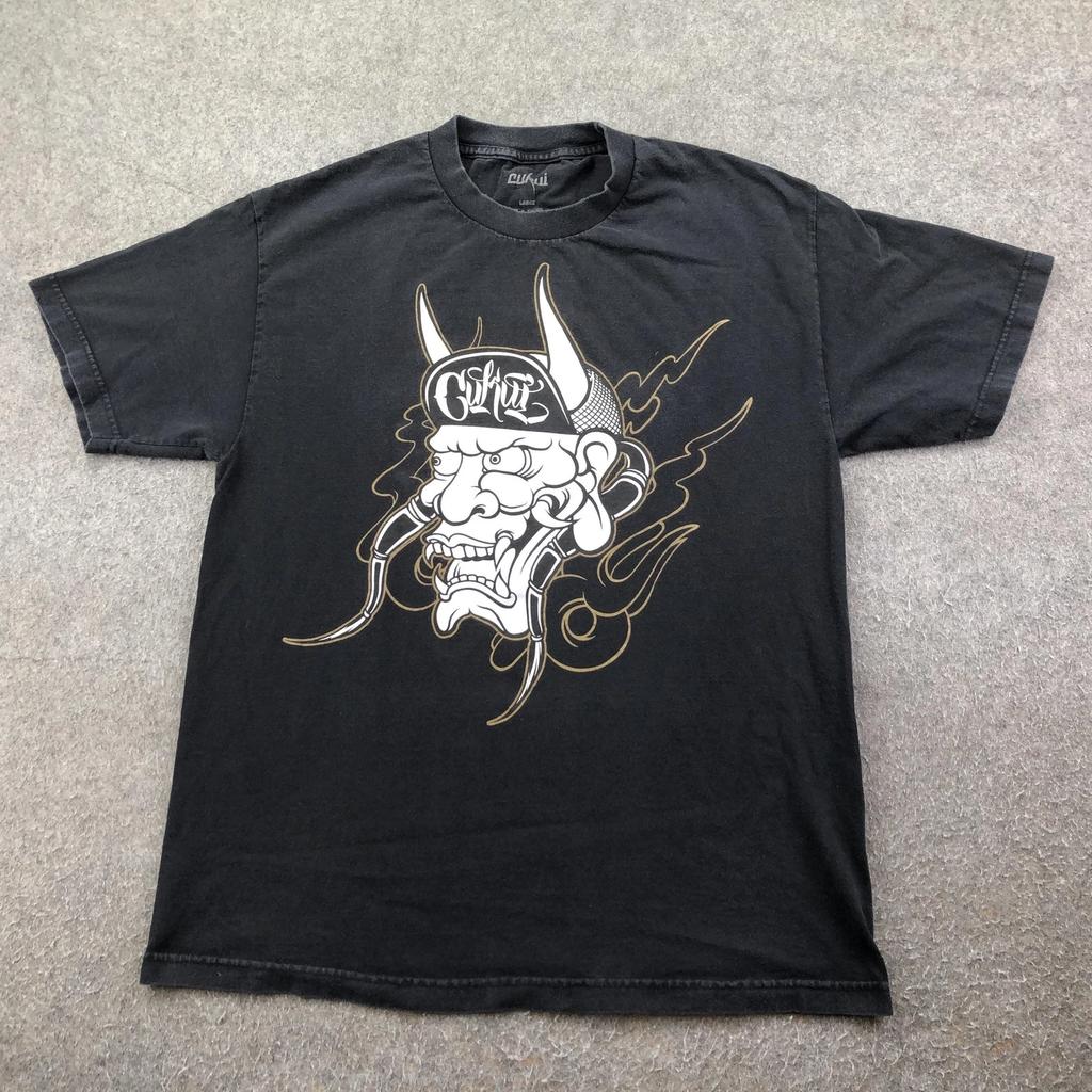 Cukui Shirt Mens Large Black Demon Mask Graphic Tee Streetwear Tattoo Art