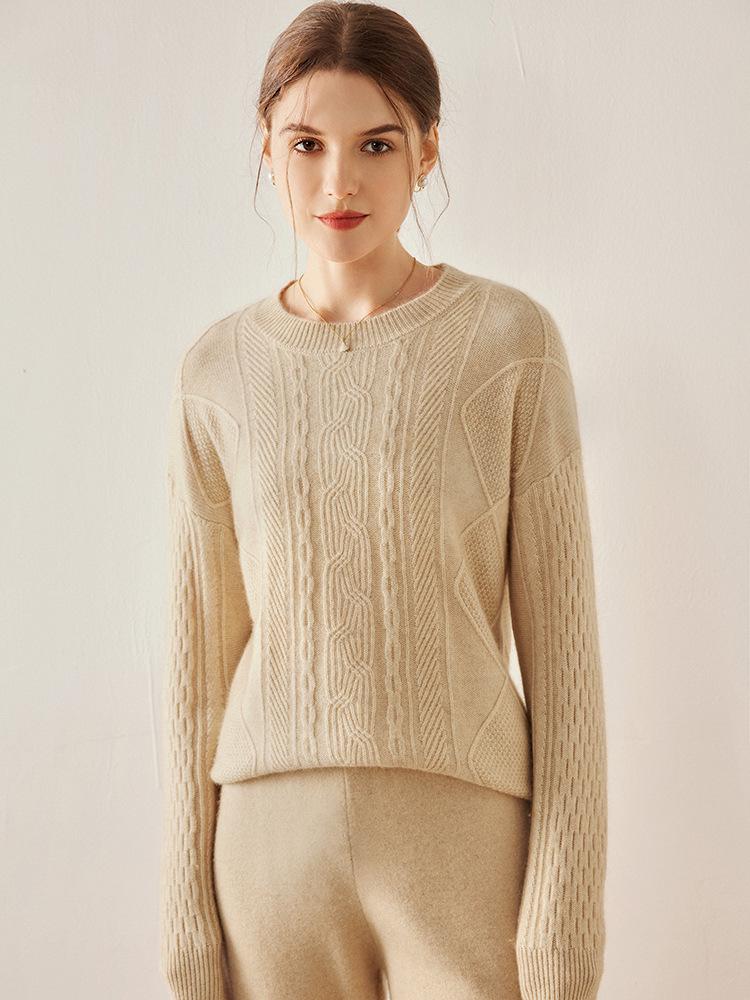 Women's Floral Cashmere Sweater—Round Neck, Drop Shoulder, Pullover, Solid Color, Versatile Knit, Perfect for Autumn and Winter.