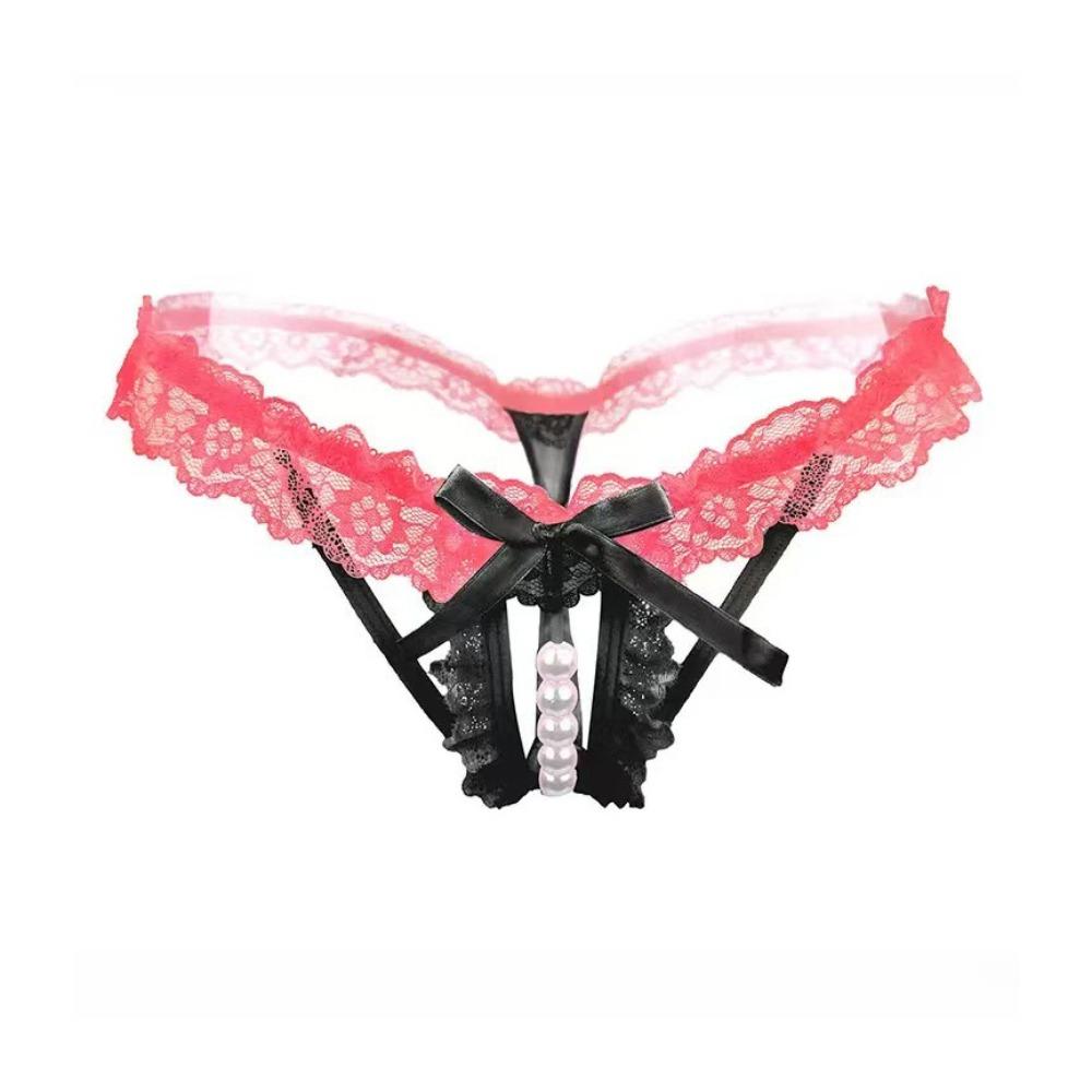 Open Crotch Lace Pearl Panties Low Waist See-through Thong Underwear for Women Ladies Girls