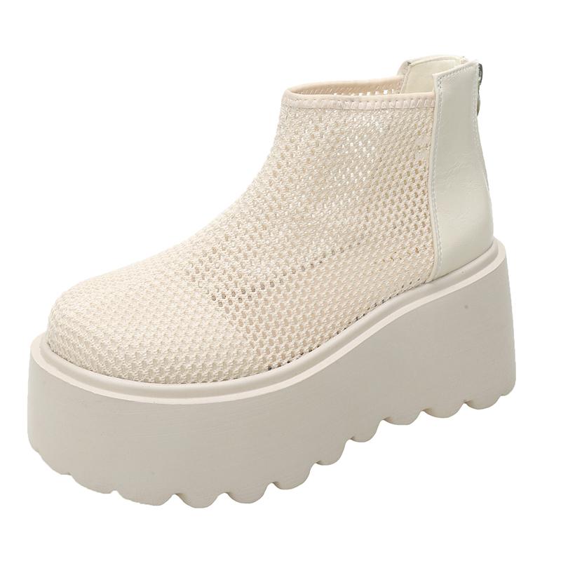 Mote Høye Hæler Kule Støvletter Sommer Ny Rund Tå Mesh Stoff Pustende Bakglidelås Vanntett Plattform Sklisikre Kilehæler