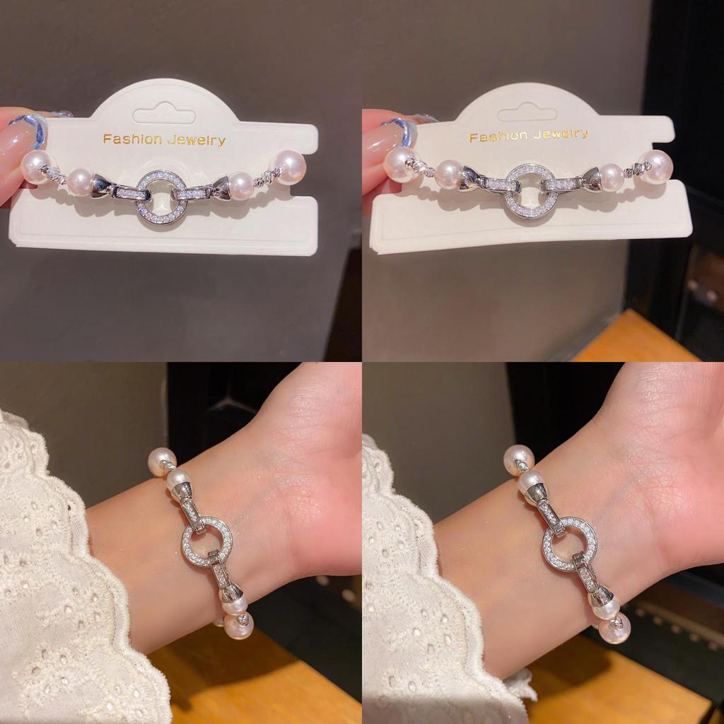 Geometric Zircon Artificial Pearl Bracelet With Silver Finish For Womens Fashion Accessories