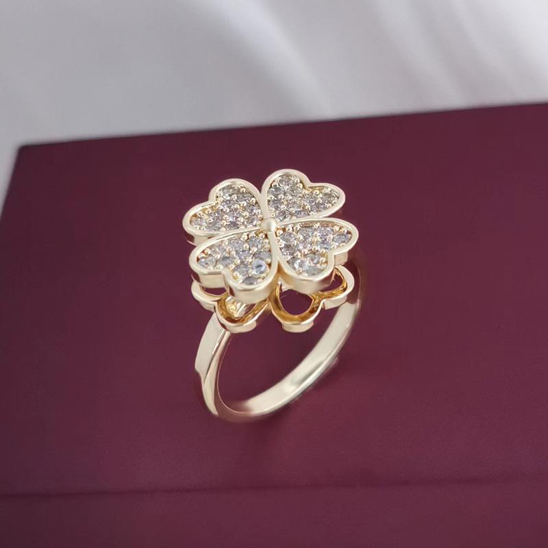 High Grade Luxury Rotating Four Leaf Clover Ring Female Niche Design Open Finger Ring Super Nice Girls Ring
