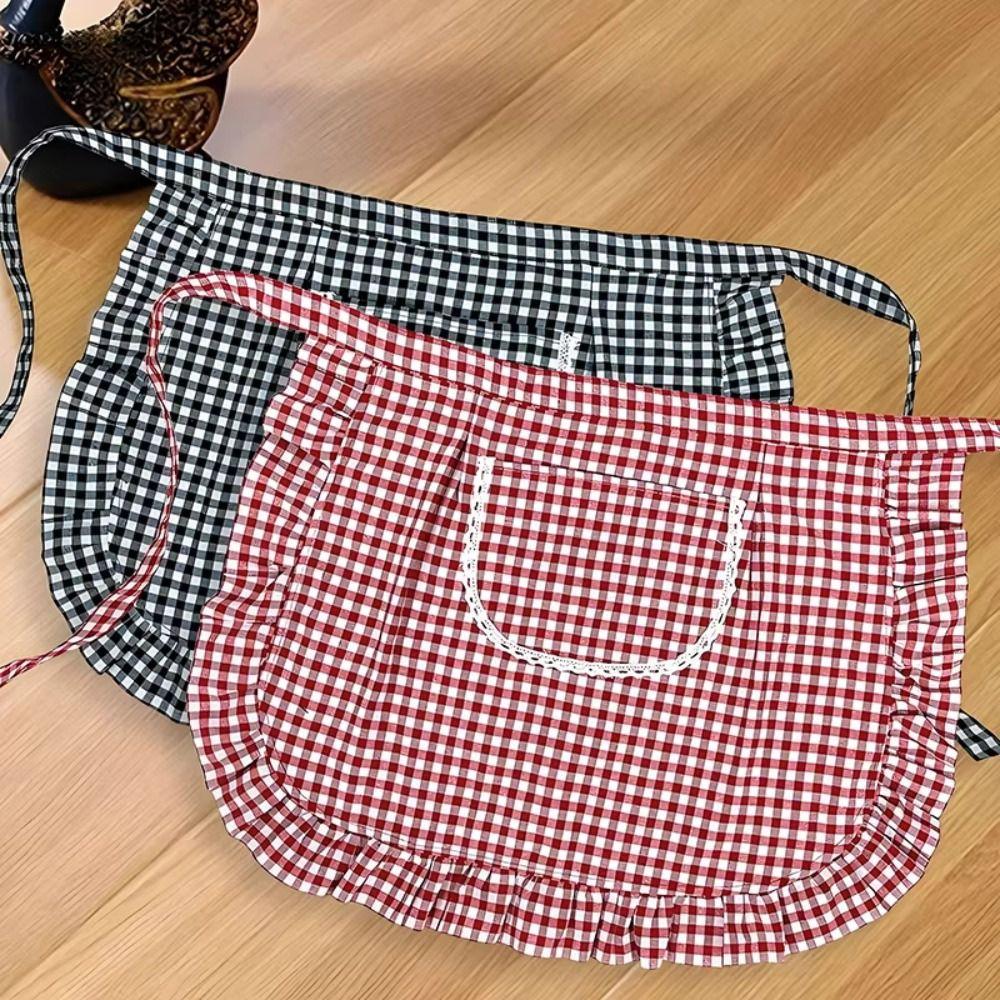 Half Waist Apron Fashion Cotton Half-length Apron Breathable Stain-resistant Kitchen Apron Square Check for Cooking or Work