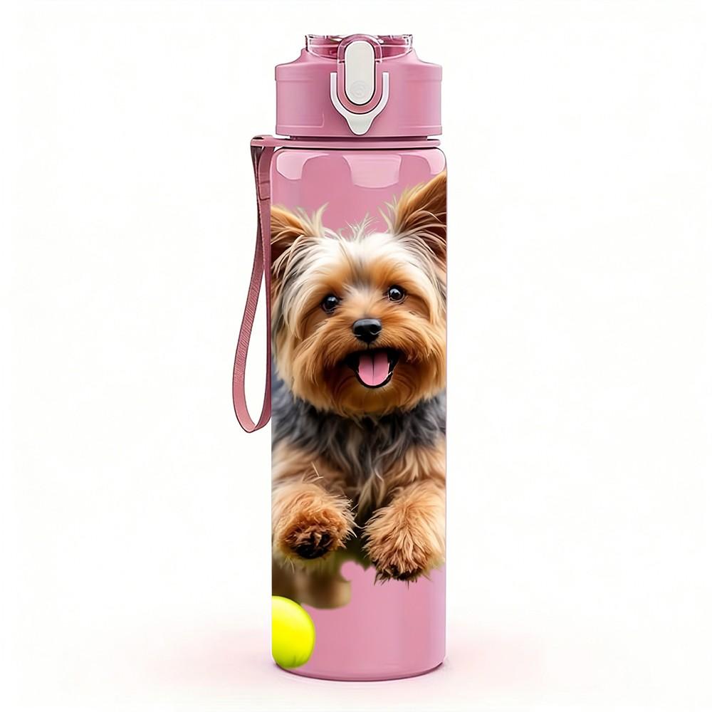 1PC Happy Playful Puppy Print 750ml Color Plastic Sports Water Bottle Leakproof Flip Straw Lid Suitable for Sports Office Home Use