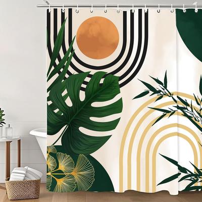 Modern Mid Century Green Leaves Boho Shower Curtain,Bathroom Shower Curtains Bathtub Home Decor Waterproof Fabric Machine Washab