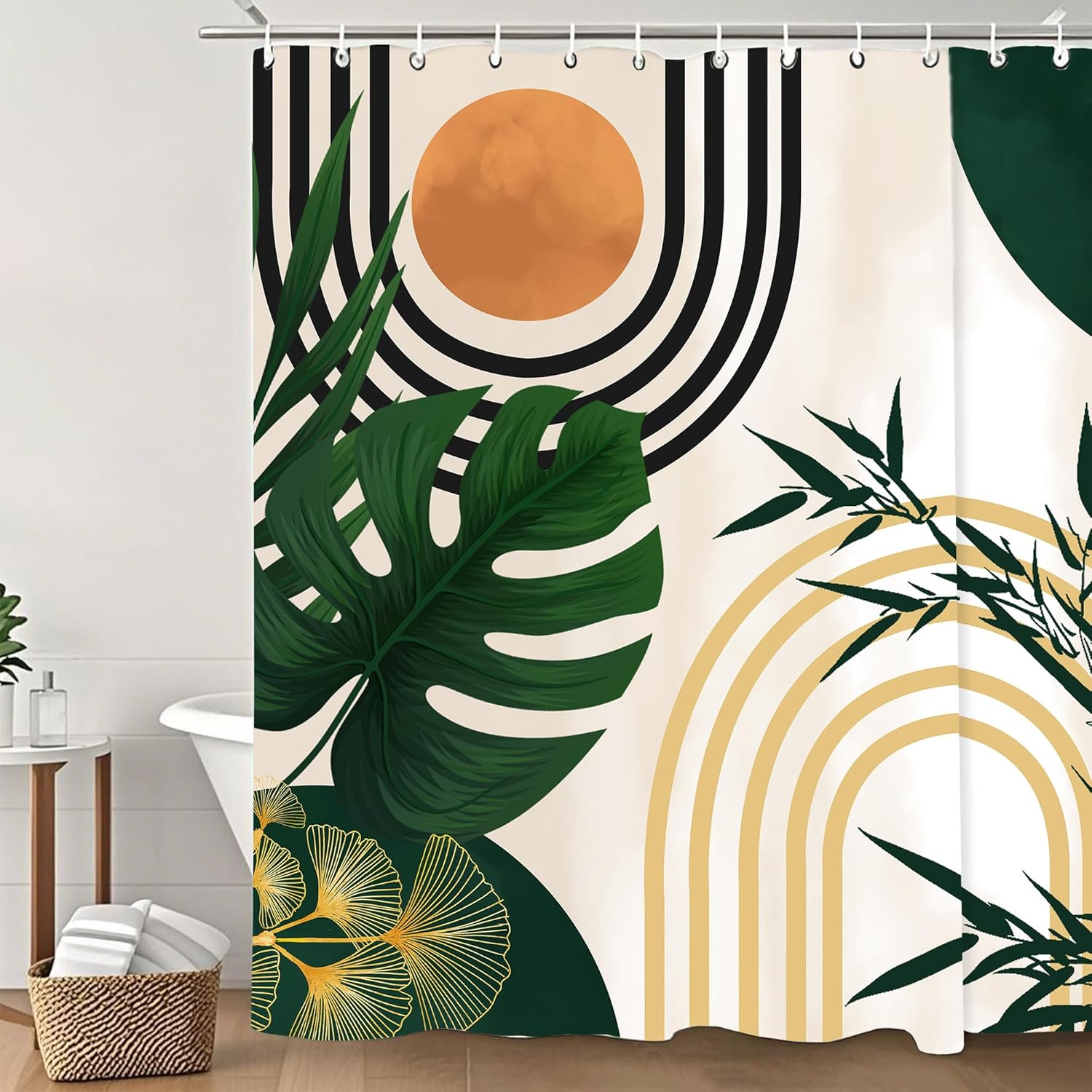 Modern Mid Century Green Leaves Boho Shower Curtain,Bathroom Shower Curtains Bathtub Home Decor Waterproof Fabric Machine Washab 90x180cm