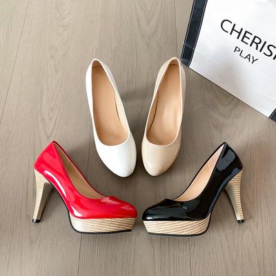 Witte Waterdichte Platform Hoge Hakken, Dames Nieuwe Sexy Slanke Hakken, Zwarte Ronde Neus Lakleer Enkelschoenen, Grote Maat