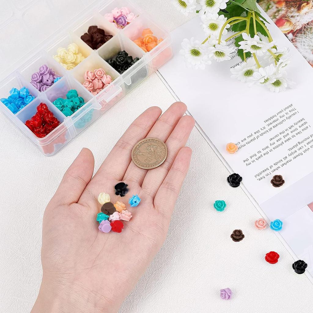 SUNNYCLUE 1 Box 200Pcs 10 Colors Rose Flower Resin Beads Flat Back Cabochons Embellishment Floral Rose Loose Beads for DIY Jewelry Necklace Bracelet