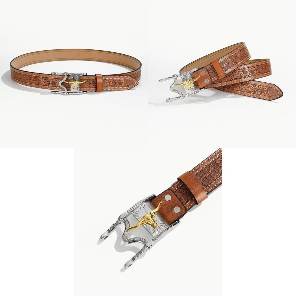High Quality Pu Leather Belt With Bohemian Alloy Buckle For Men In Ethnic Style With Bull Head Print