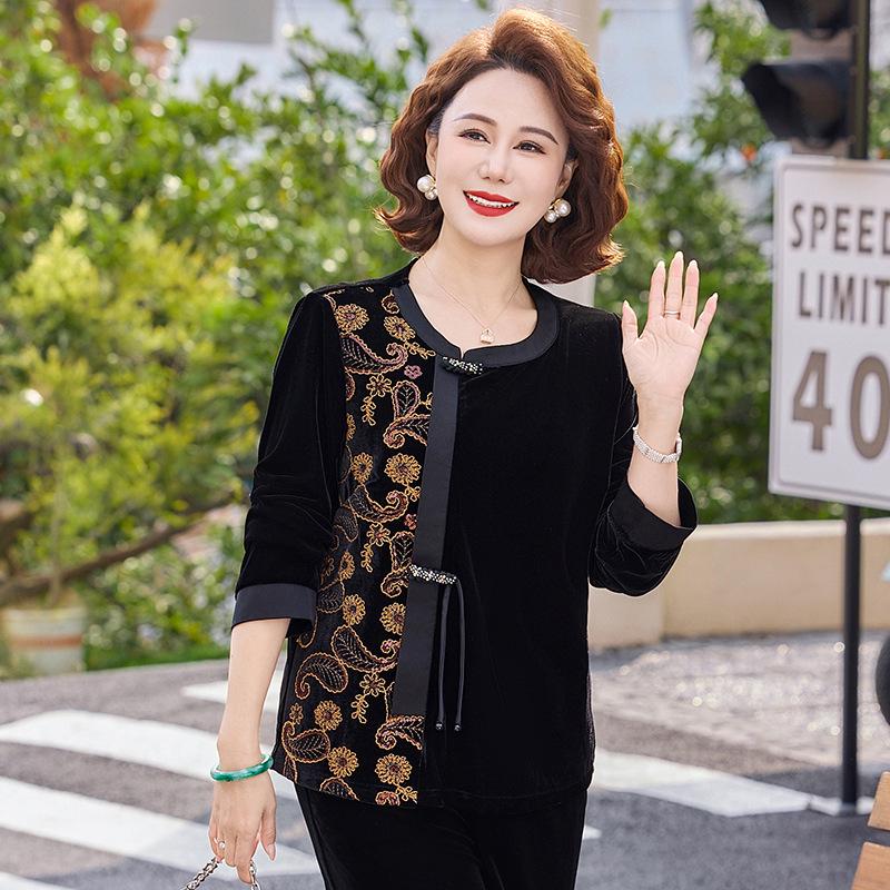

Elegant Gold Velvet Long-Sleeve Top for Middle-Aged and Elderly Women - Spring/Autumn 2026 Collection 2XL (105-120 lbs) чорний