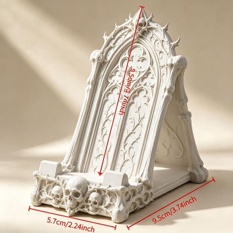 Gothic Skull Phone Stand, Dark Gothic-Style Desktop Phone Holder, Featuring Details Of Skulls And Thorns, Decorative Phone Stand