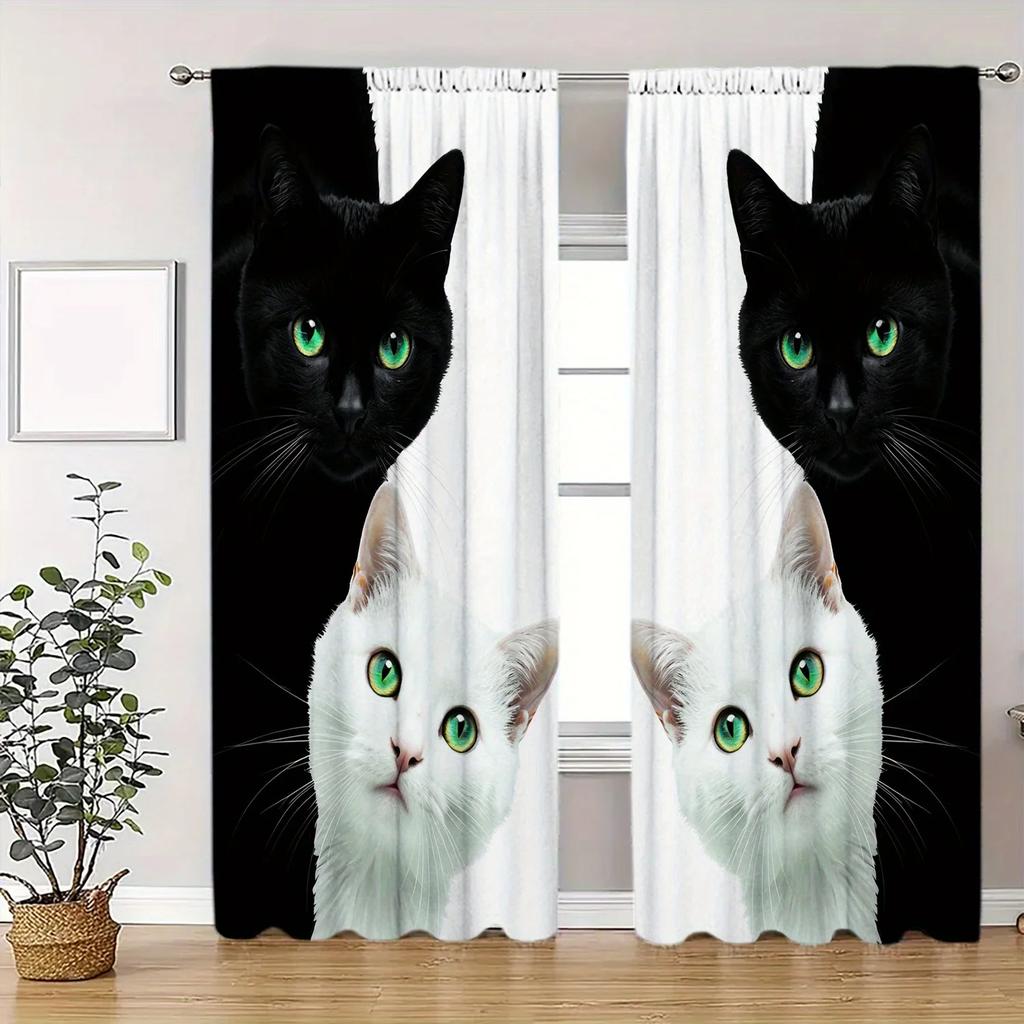 Cute Black and White Cat Pattern Print Drapes Room Darkening Window Curtains for Home Decor,Rod Pocket Blackout Curtains Bedroom
