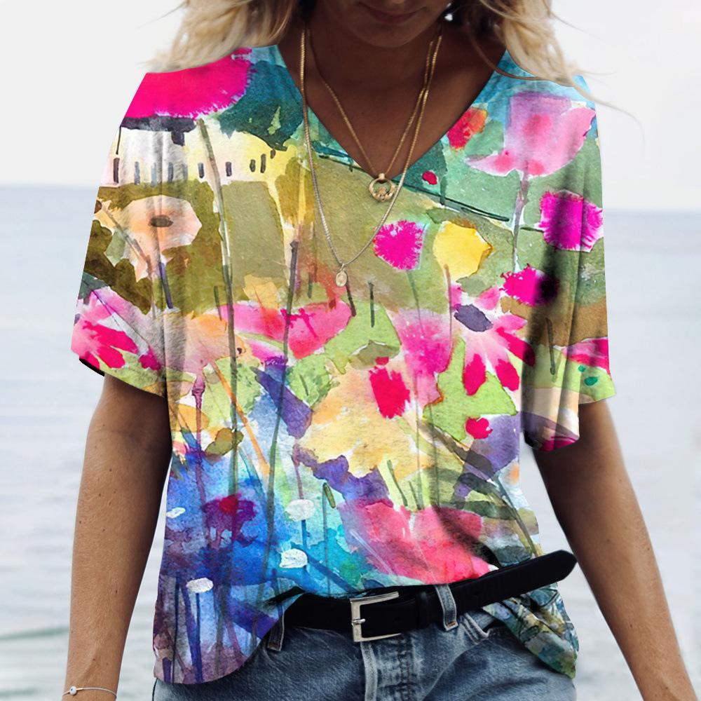 

Летний топ с V-образным вырезом и 3D-цветочным принтом, модные повседневные женские футболки с короткими рукавами XS