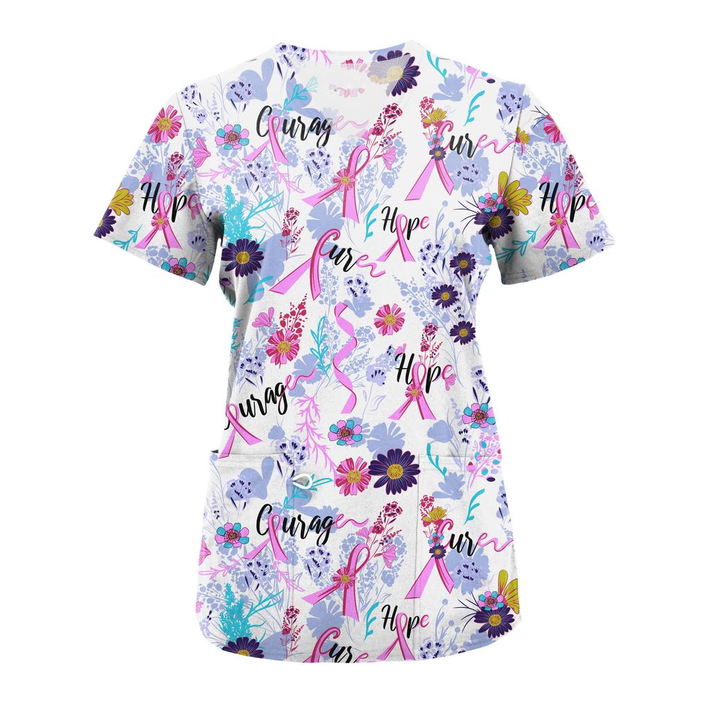 Women's Medical Uniforms Cartoon Pattern Print Dental Nursing Tops Fashion V-Neck Short Sleeve Vet Spa Clinical Uniform Woman