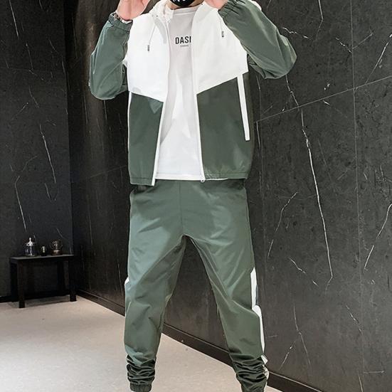 2 Pcs/Set Spring Coat Pants Set Drawstring Hooded Elastic Waist Contrast Color Zipper Warm Young Style Pockets Coat Trousers Suit Jogging Clothes