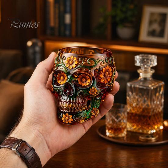 Dekoratives Glas für Hausbar Tag der Toten Weinglas, mit 3D-Reliefmalerei, Handbemaltes Einzigartiges Dreidimensionales Gotisches Totenkopf Whiskey