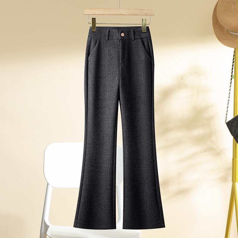 Women's Khaki Wool Flare Pants, High Waist Slim Fit, Spring/Autumn 2024