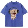 Retro Tvättad Bomulls T-shirt Musik Katt Vintage Topp Tee Casual Streetwear Herr Dam Unisex T-shirt
