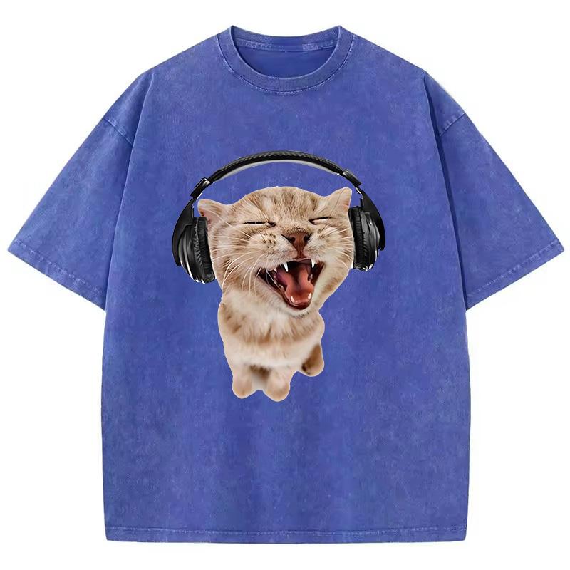 

Retro Washed Cotton T-Shirt Music Cat Vintage Top Tee Casual Streetwear Men Women Unisex T Shirt S