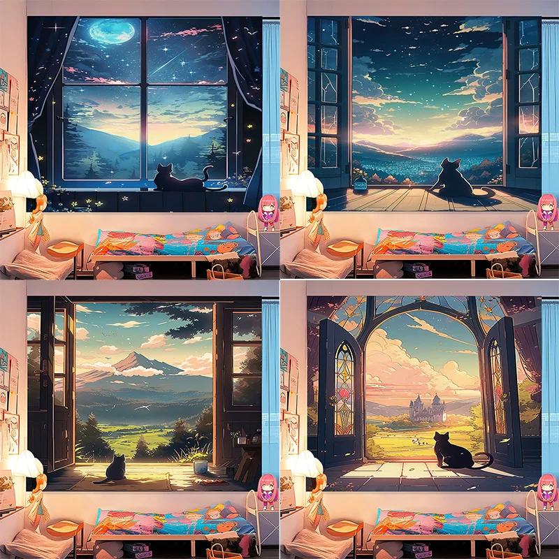 Charming Anime Window View Tapestry Scenic Landscape Design Ideal for Bedroom or Living Room DecorLarge Wall Hanging Artwork