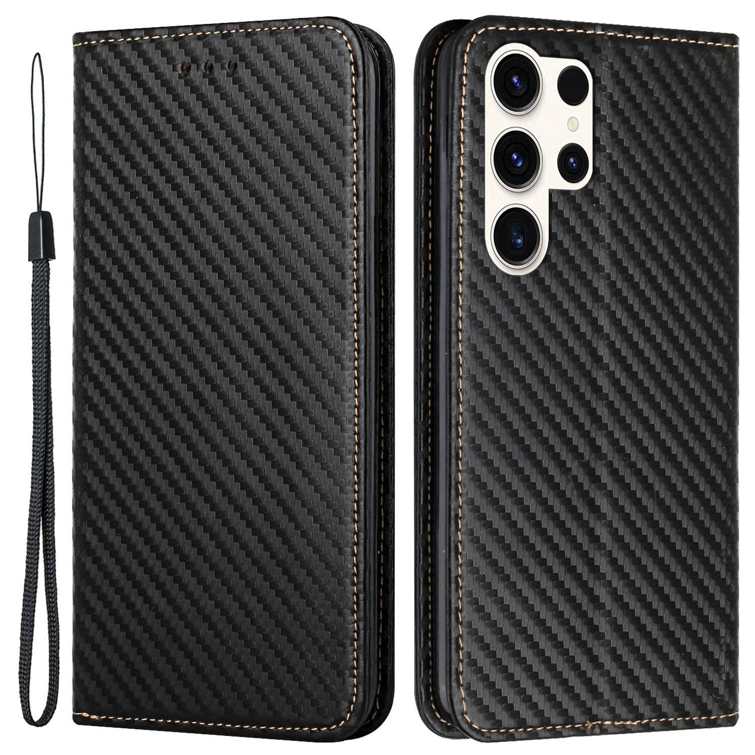 

For Samsung Galaxy S25 Ultra Case Carbon Fiber Texture Wallet Stand Cover Black