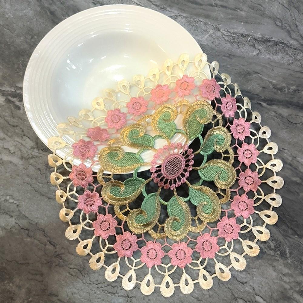 Vintage Embroidery Lace Doily Placemat Mandala Colorful Lace Coaster Table Cloth Round Hollow Table Cup Mat for Kitchen Table